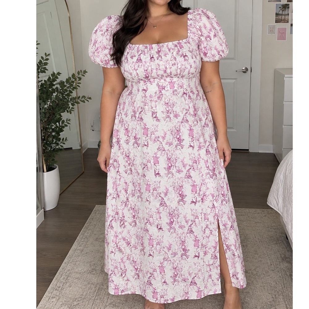 Hyacinth House Pink Toile Rabbit Puff Sleeve Midi Dress XL New prairie